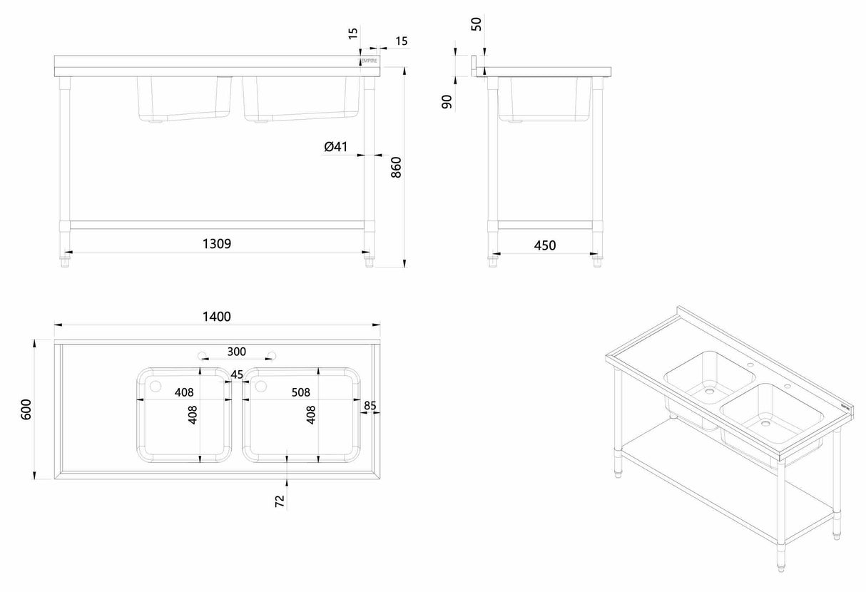 Empire Stainless Steel Double Bowl Sink 1400mm Wide Left Hand Drainer - EMP-SSWTS-1400L Single Bowl Sinks Empire   