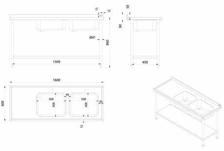 Empire Stainless Steel Double Bowl Sink 1600mm Wide Left Hand Drainer - EMP-SSWTS-1600L Single Bowl Sinks Empire   