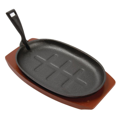 Olympia Cast Iron Oval Sizzler with Wooden Stand 28cm - CC310 Cast Iron Cookware Olympia