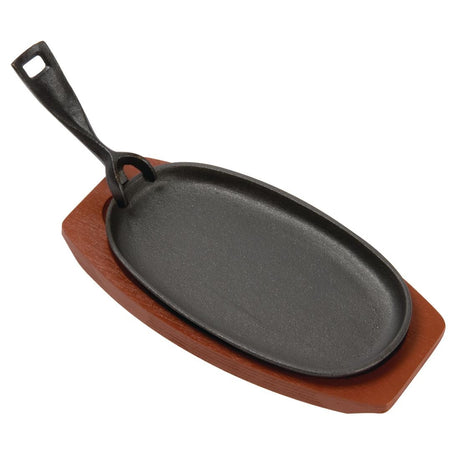 Olympia Cast Iron Oval Sizzler with Wooden Stand 24cm - F464 Cast Iron Cookware Olympia