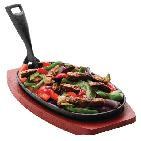 Olympia Cast Iron Oval Sizzler with Wooden Stand 24cm - F464 Cast Iron Cookware Olympia