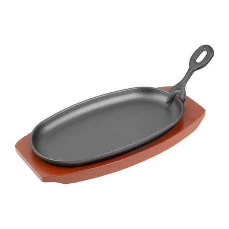 Olympia Cast Iron Oval Sizzler with Wooden Stand 24cm - F464 Cast Iron Cookware Olympia