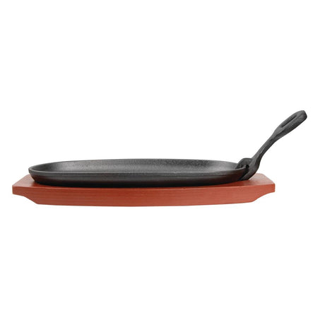 Olympia Cast Iron Oval Sizzler with Wooden Stand 24cm - F464 Cast Iron Cookware Olympia