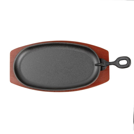 Olympia Cast Iron Oval Sizzler with Wooden Stand 24cm - F464 Cast Iron Cookware Olympia