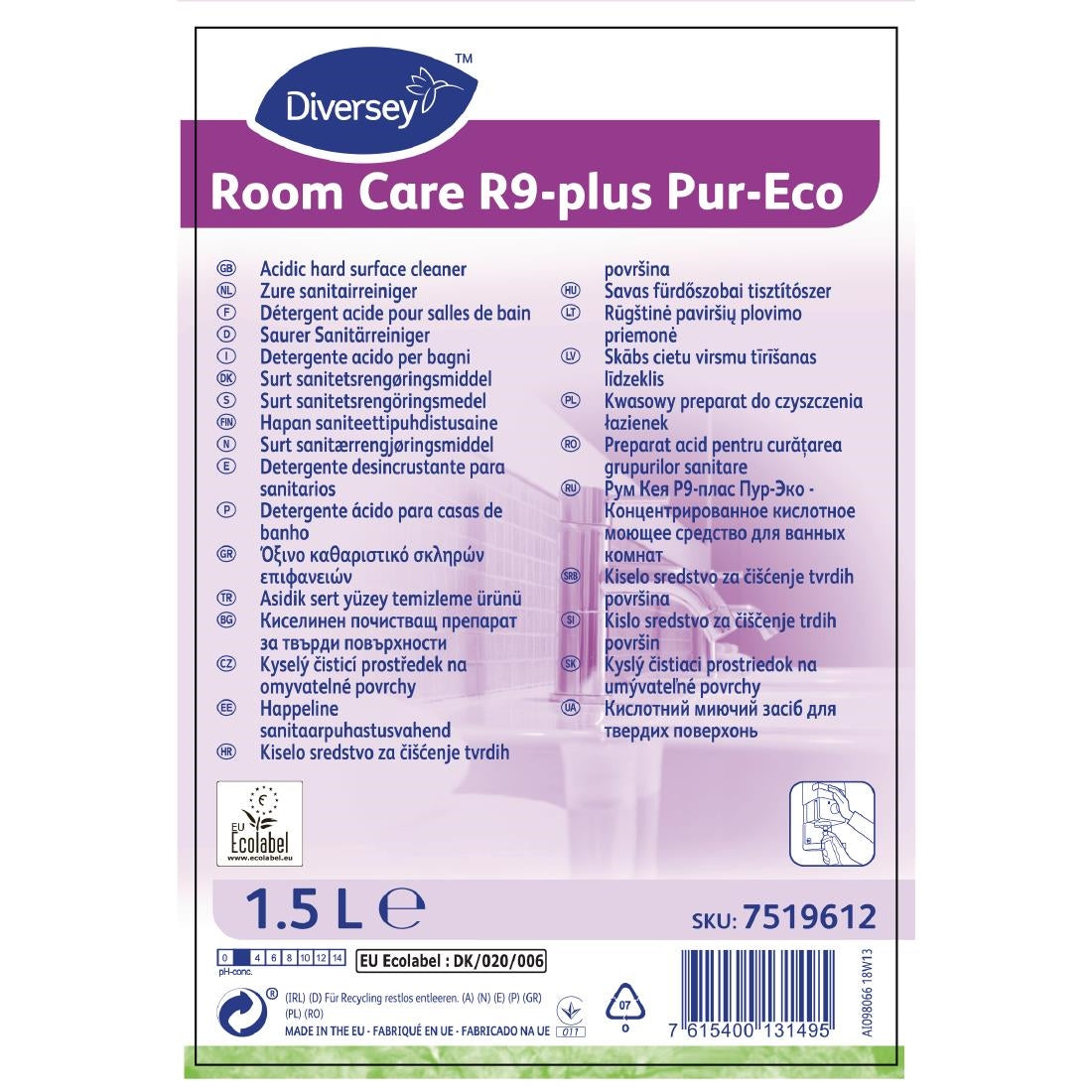 Room Care R9-plus Pur-Eco Bathroom Cleaner Concentrate 1.5Ltr - CX814  Diversey   