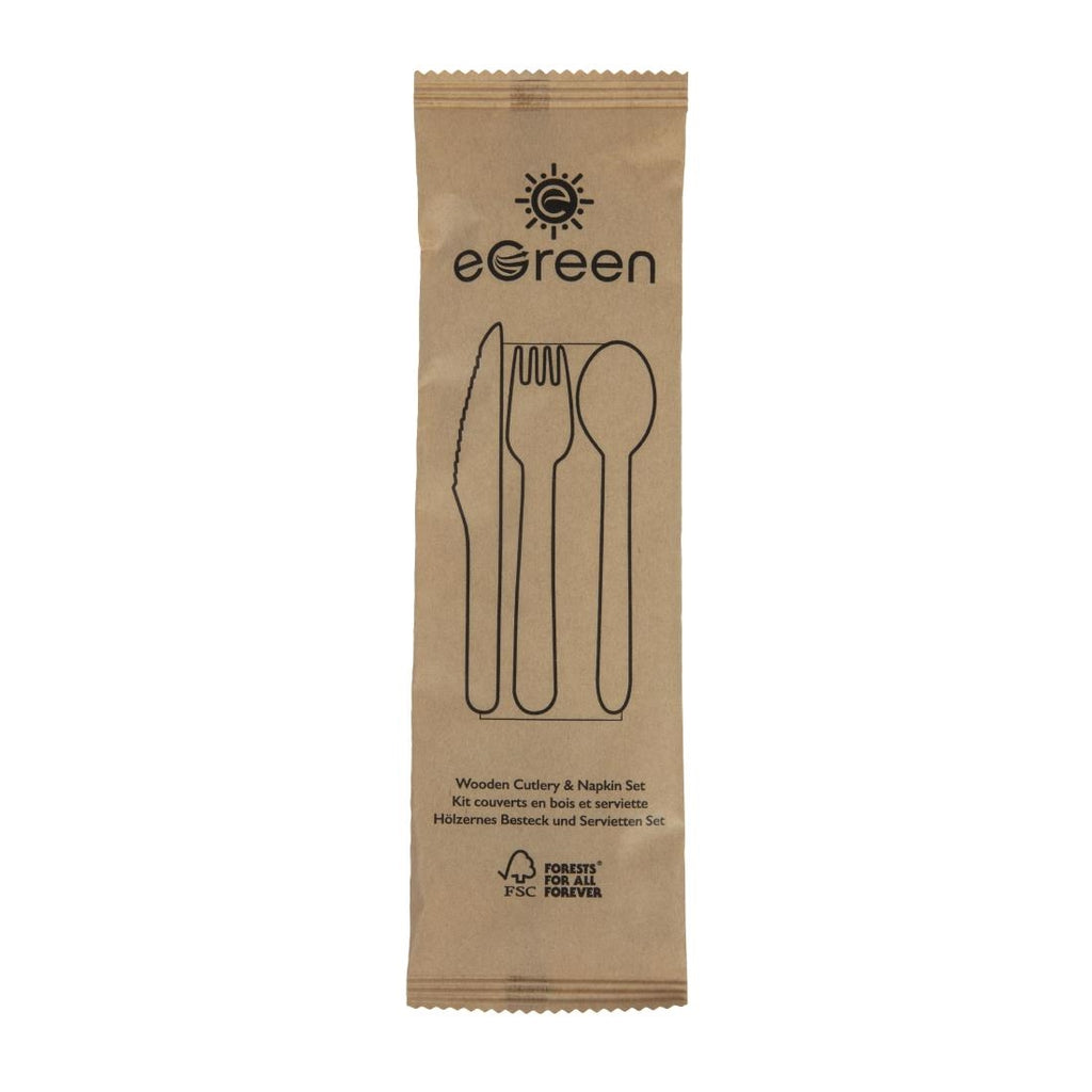 eGreen Individually Kraft Wrapped 4-in-1 Wooden Cutlery Set (Pack of 250) - FS168 Disposable Cutlery eGreen   