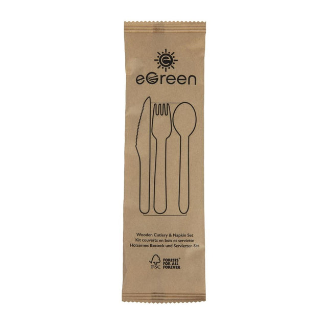 eGreen Individually Kraft Wrapped 4-in-1 Wooden Cutlery Set (Pack of 250) - FS168 Disposable Cutlery eGreen   