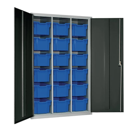 18 Tray High-Capacity Storage Cupboard - Dark Grey with Blue Trays - HR697 Lockable Cupboards Elite Lockers   