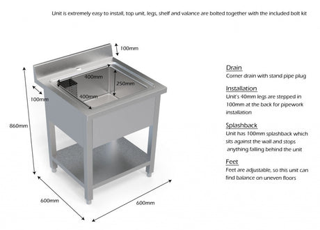 Empire 600mm Commercial Stainless Steel Single Bowl Sink - 600SINK Single Bowl Sinks Empire   