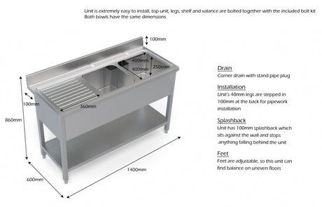 Empire Stainless Steel Double Bowl Sink Left Hand Drainer - 1400-600LHD Double Bowl Sinks Empire   