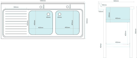 Empire Stainless Steel Double Bowl Sink Left Hand Drainer - 1400-600LHD Double Bowl Sinks Empire   