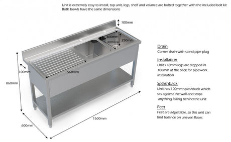 Empire Stainless Steel Double Bowl Sink Left Hand Drainer - 1600-600LHD Double Bowl Sinks Empire   