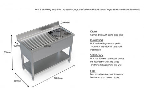 Empire Stainless Steel Single Bowl Sink Left Hand Drainer - 1200-600LHD Single Bowl Sinks Empire   